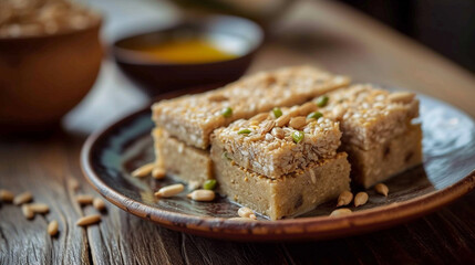 Fototapeta na wymiar A plate of halva with sweet confection, made with sunflower seeds, sugar, and honey, and formed into a rectangular block, sliced and ready to eat.