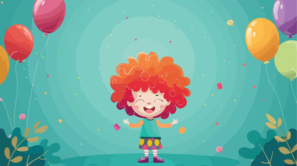 Funny little girl in wig with balloons and card - obrazy, fototapety, plakaty