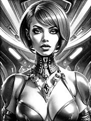 futuristic brunette woman inside a spaceship, black and white engraving effect, generative ai illustration