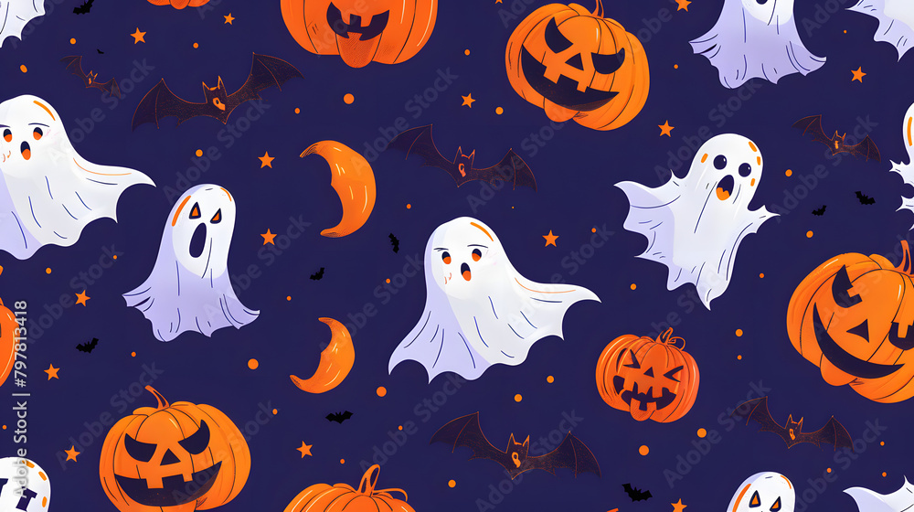 Poster halloween background with repeating patterns of pumpkins. ghosts and bats