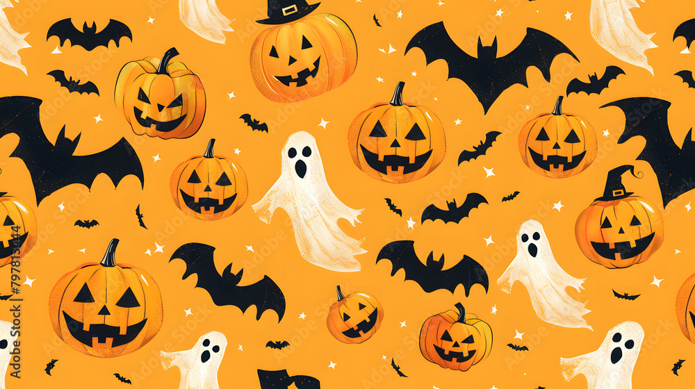 Poster halloween background with repeating patterns of pumpkins. ghosts and bats
