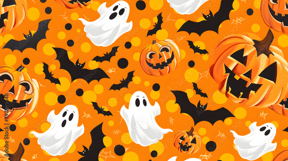 Poster halloween background with repeating patterns of pumpkins. ghosts and bats