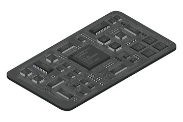 Isometric electronic board. Isometric printed circuit board with electronic components. Electronic components and integrated circuit board
