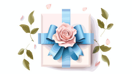 Gift box with blue bow and beautiful rose on white background
