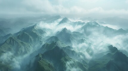 Fototapeta premium Misty mountain ranges, aerial view, ethereal textures , DALL-E 2