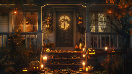 Halloween decorations with lanterns and pumpkins on the front porch of a house in a misty atmosphere with candles. creating a spooky concept 