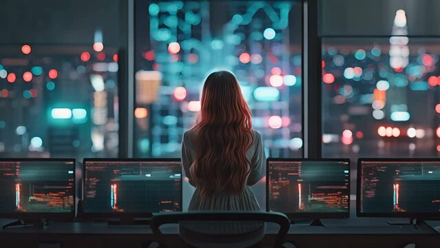 A female stock trader looking at multiple computer monitors displaying stock market data and graphs while sitting in a dark room with a city skyline in the background.
