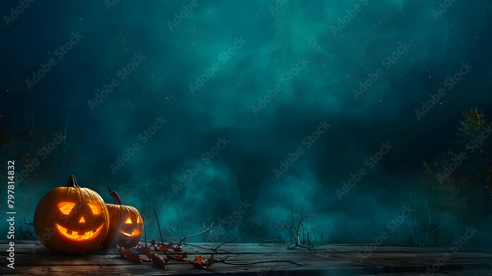 Poster halloween pumpkins illuminated against a dark background with copy space on a wooden table. creating