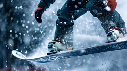 snowboarder doing tricks on the mountain, close up of snowboarder on the snow