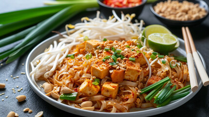 A plate of pad thai with stir-fried noodles, tofu, eggs, peanuts, and scallions, tossed with tamarind sauce, and garnished with lime and bean sprouts.