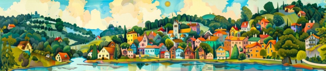 Surrounded by a river with vibrant hues and magic, a whimsical fairytale city is nestled amidst rolling hills