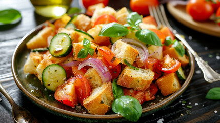 A plate of panzanella with bread, tomatoes, cucumbers, onions, and basil, tossed with olive oil and vinegar, seasoned with salt and pepper.