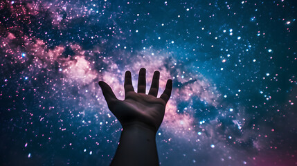 Hand in front of the starry night sky. 