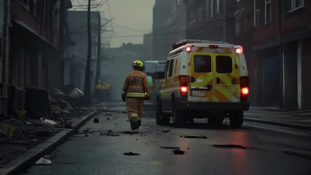 firefighters in action, ambulance and man on the road in war Generative AI video
