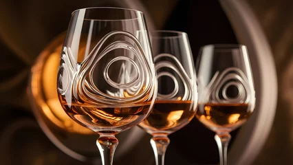 Fotobehang A close-up view of three wine glasses filled with a golden-hued liquid, possibly sherry or amber wine. The glasses are aligned in a row, with the foremost glass being the most prominent © @ArtUmbre
