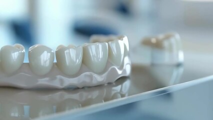 High-quality dental prosthesis arranged neatly on a reflective surface, representing the precision and care in dental restoration and cosmetic dentistry. A cast of the jaw. Placement of braces