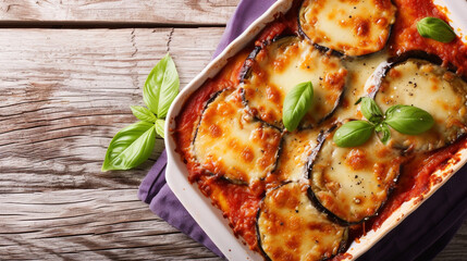 A plate of parmigiana with eggplant slices, cheese, tomato sauce, and basil, baked in a casserole dish, sprinkled with cheese and oregano.