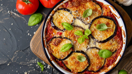 A plate of parmigiana with eggplant slices, cheese, tomato sauce, and basil, baked in a casserole...