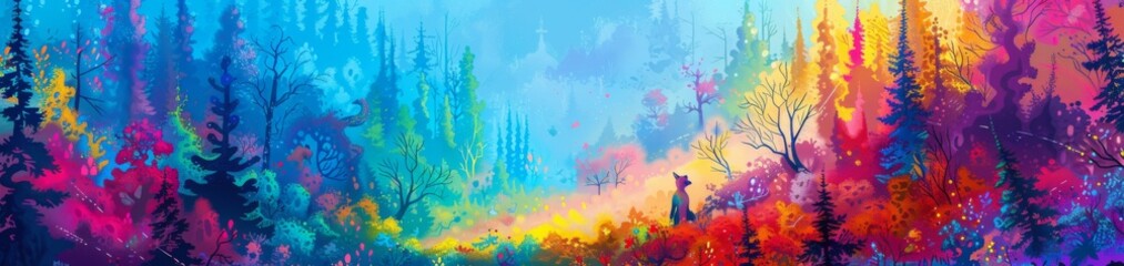 Fototapeta na wymiar Painted in a vivid spectrum of colors, the surreal dreamscape forest captivates with its otherworldly beauty