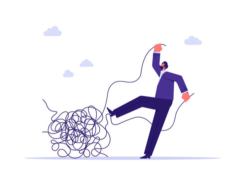 Metaphor of business problem solving, chaos and mess difficult situation, businessman solving a string entwined