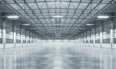 Industrial building interior consist of polished concrete floor and closed door for product display or industry background.