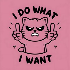 A simple doodle of the angry cat showing its middle fingers. Text I do what I want. A funny flat illustration., illustration