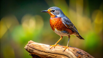 A small orange-breasted robin perches on a green branch