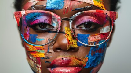 A close up portrait of a woman wearing glasses with a colorful pattern on her face