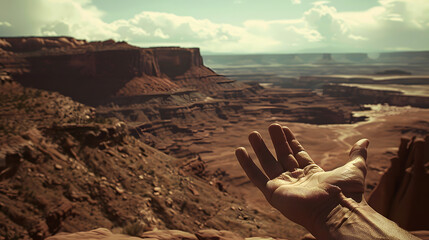 Hand with the canyon in the distance. 