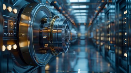 The inside of a futuristic bank vault with a large metal door and a combination lock.