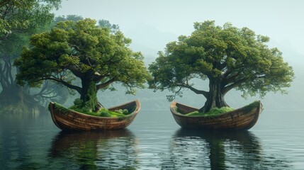 Two boats made of trees floating on a lake