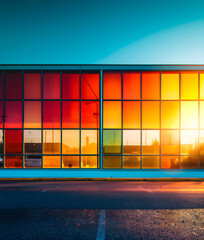Clean asphalt in front of vibrant glass windows at sunset