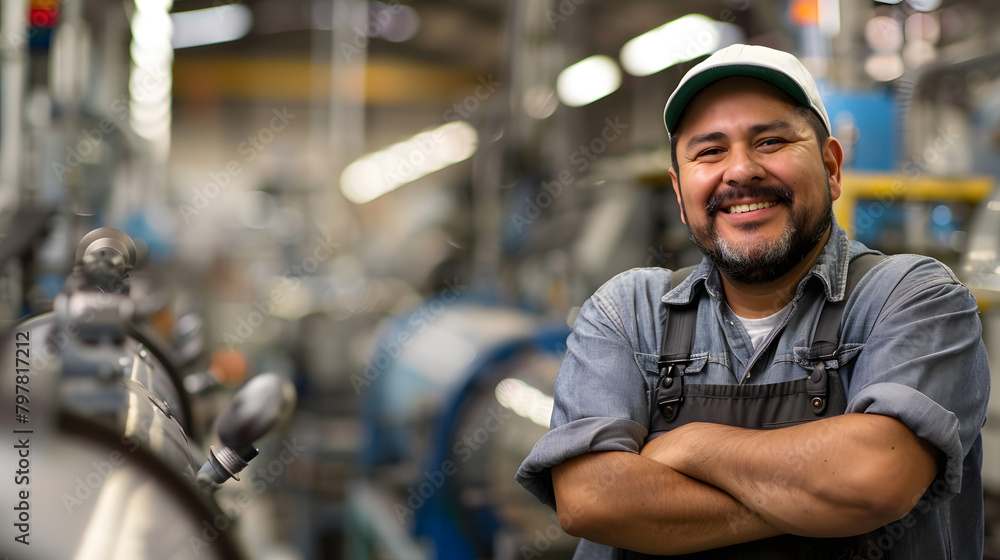 Poster happy hispanic male engineer leaning on a machine with arms folded and chuckling while staring at th