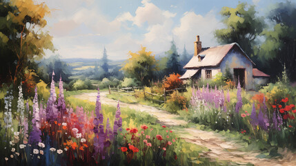 Cottage Garden Pathway, Floral Impressionist Art, Idyllic Countryside