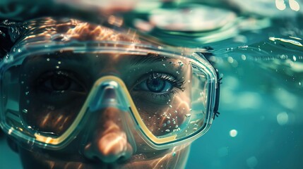 A close-up image of a person submerged in water up to their eyes. The person is wearing a clear...