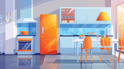 Interior of kitchen with stylish fridge counters lamp