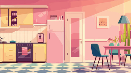 Interior of kitchen with stylish fridge counters lamp