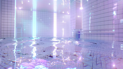 holographic iridescent all white tiled glittery glittering pool room sparkling. clean