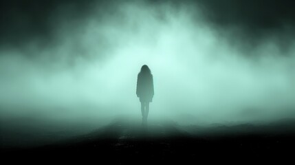 A ghost walking in the middle of a foggy road