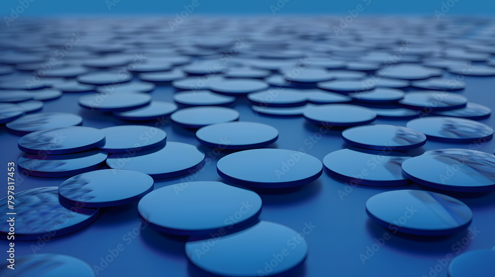 Poster hundreds of circular graphic disks on a plain blue field