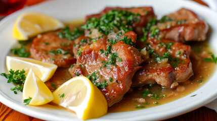 A plate of saltimbocca with veal, prosciutto, and sage, cooked in butter and wine, garnished with lemon wedges and parsley.
