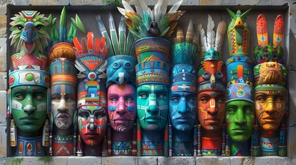 Fototapeta premium A mural of colorful totemic masks with intricate details and vibrant colors.