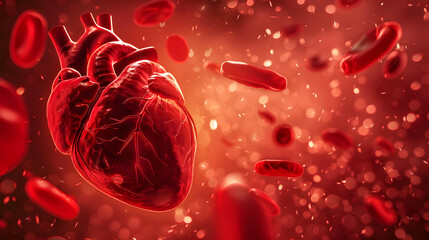 Illustration of red cells flowing around the human heart 