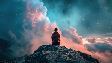 A person sits in solitude on a rocky peak, facing away from the camera. They wear a maroon hoodie and black pants. The sky above is a dramatic canvas of deep blues and pinks, interspersed with twinkli - Powered by Adobe