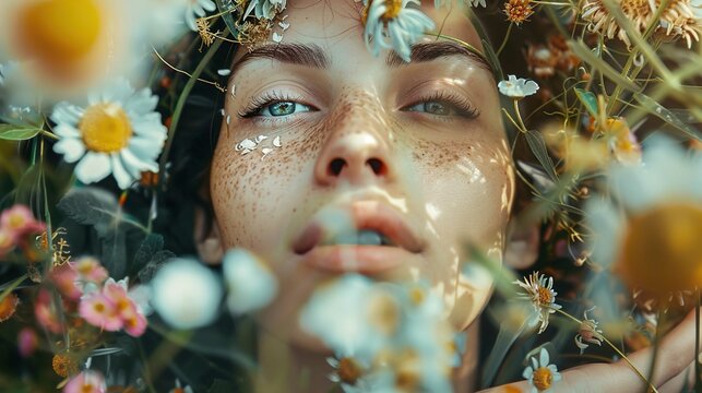 A close-up portrait of a person's face surrounded by various wildflowers, with the focus primarily on their eyes. They appear serene as they emerge from the foliage, with visible details such as freck