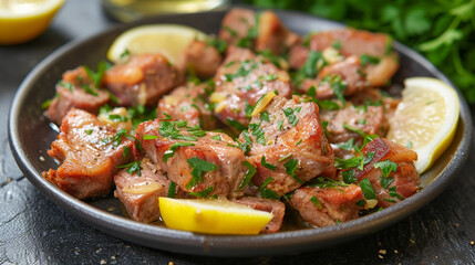 A plate of saltimbocca with veal, prosciutto, and sage, cooked in butter and wine, garnished with lemon wedges and parsley.