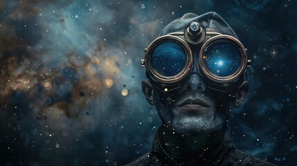 The image depicts a person's head and upper shoulders, with their face obscured by large, round steampunk-style goggles. The lenses of the goggles reflect a starry sky, giving the impression that the 