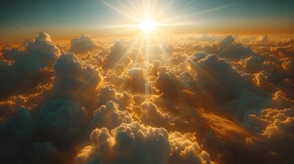 A photo of clouds taken from an airplane window with the sun rising above them.