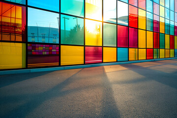 Clean asphalt in front of vibrant glass windows at sunset