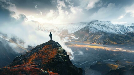 A solitary figure stands on the precipice of a rugged mountain peak, gazing across a dramatic landscape of snow-covered mountains under a dynamic sky with clouds partially obstructing the sunlight. Th